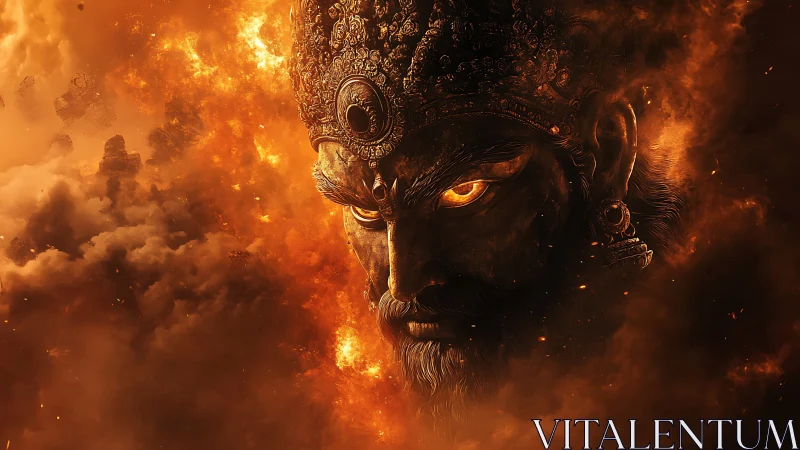 Fiery warrior deity face emerging from dense orange smoke.