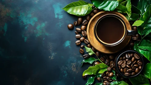 Coffee cup, roasted beans and green leaves on dark surface.