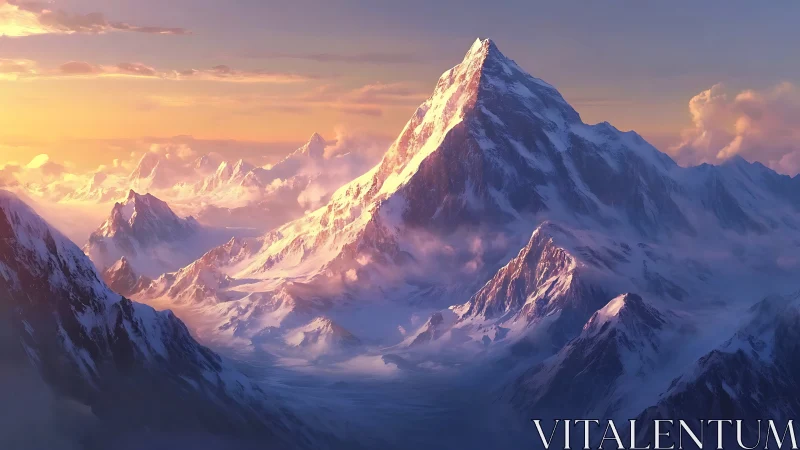 Sunlit snow peaks rising through soft pastel mountain mist.