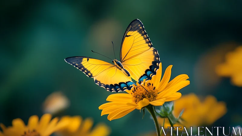 Yellow butterfly rests on yellow daisy in sharp close-up view