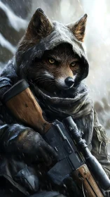 Hooded fox sniper in blizzard with detailed rifle portrait.