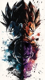 Dual anime warriors divided by chromatic splatter axis