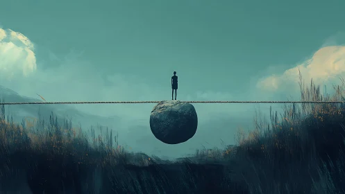 Quiet soul balancing on a boulder between misty hills.