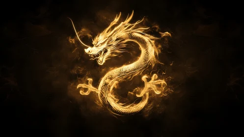 Golden serpentine dragon on dark background in profile view.