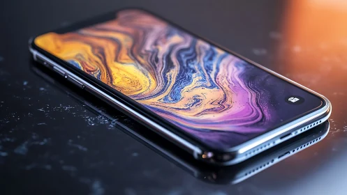 Curved glass smartphone with vivid swirling display glow.