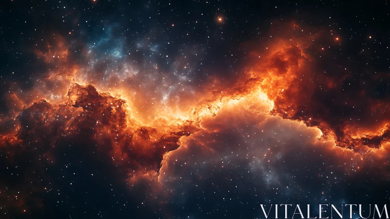 Fiery interstellar nebula spans starfield with dense glowing clouds