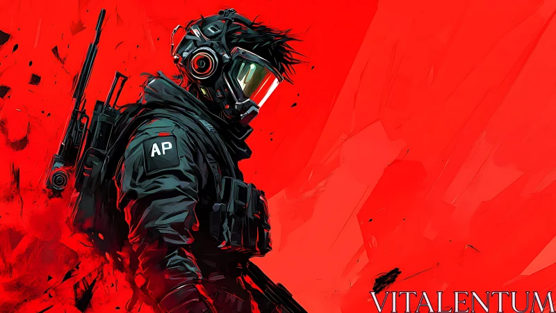 Armored tactical figure against red abstract backdrop.