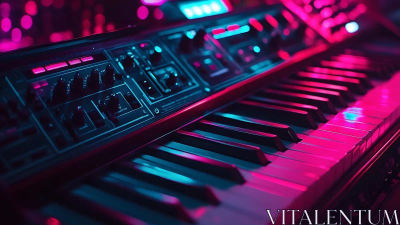 Neon-lit analog synthesizer keyboard under vibrant club lighting.