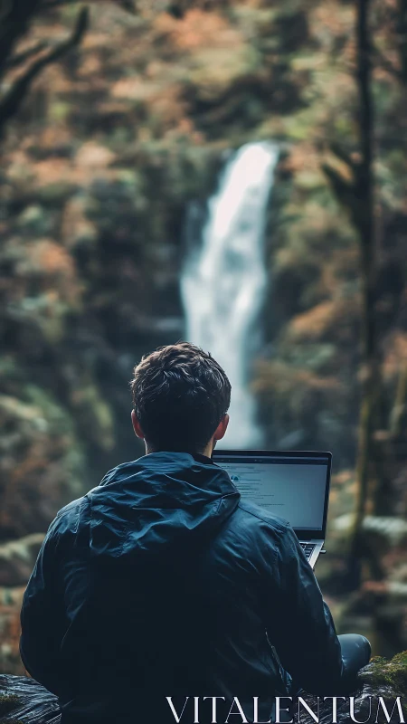 Remote worker codes on laptop before blurred forest waterfall