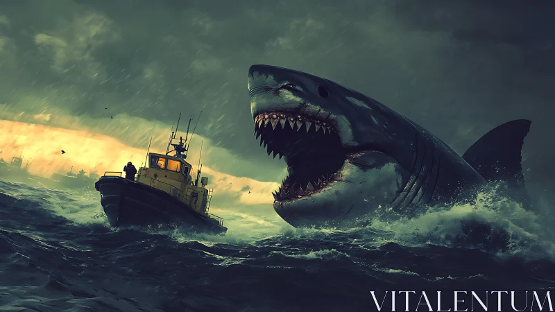 Giant shark emerges beside tugboat in stormy ocean