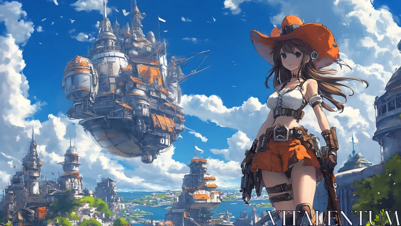 Skyborne engineer girl overseeing orange airship city.