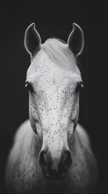 Spotted white horse stares calmly against deep black void.