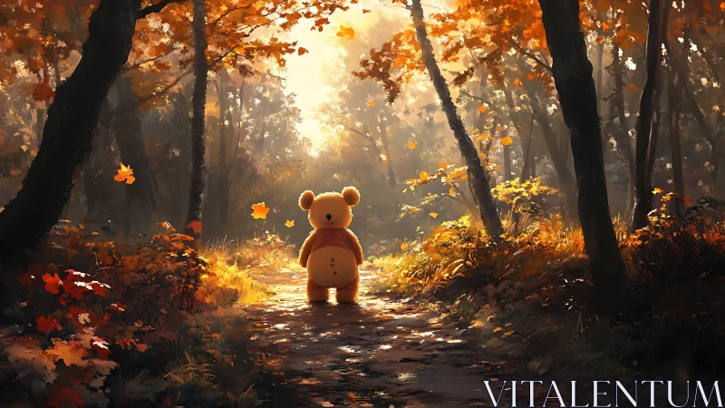 Teddy bear wanders sunlit autumn forest path alone.