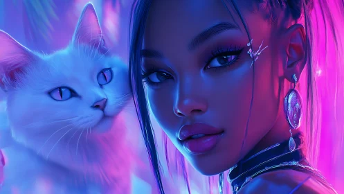 Neon-lit cyber muse and white cat share an electric gaze