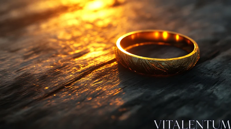 Gold ring rests on weathered wood under warm sunset light