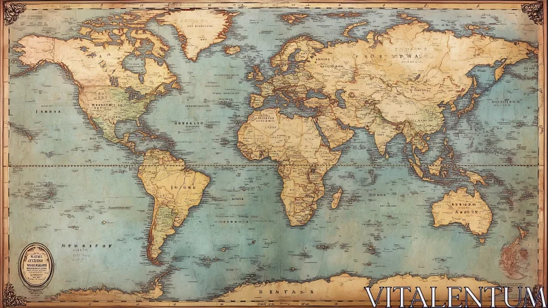 Vintage world map poster with antique styled continents.