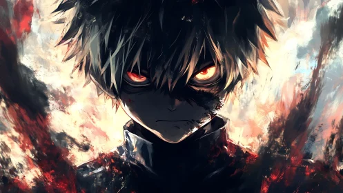 Intense anime portrait of male figure with glowing eyes.