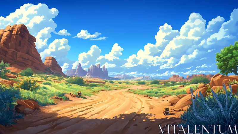 Sunlit desert trail winding toward distant painted mesas.