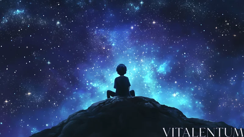 Child on starlit cliff gazes into deep cosmic expanse.