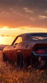 Rust-kissed muscle car lingers thoughtfully in molten sunset glow