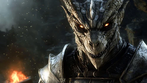 3D-rendered draconic warrior portrait with cinematic armor lighting.