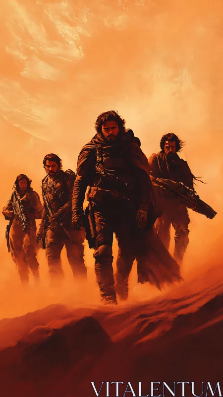 Desert warriors advancing through burning orange storm.