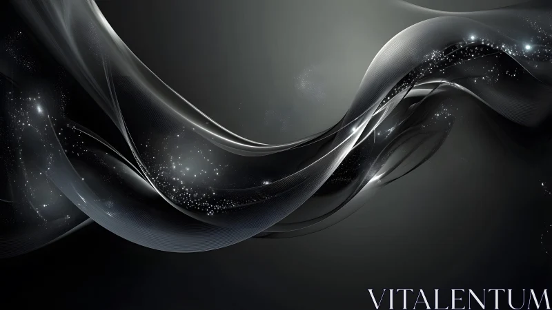Abstract flowing black and silver waves with sparkling highlights.