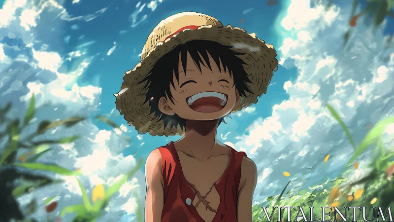 Anime portrait of joyful straw hat boy in sunlit meadow.