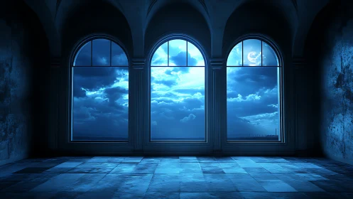 Moonlit colonnade interior frames high-contrast nocturnal cloudscape