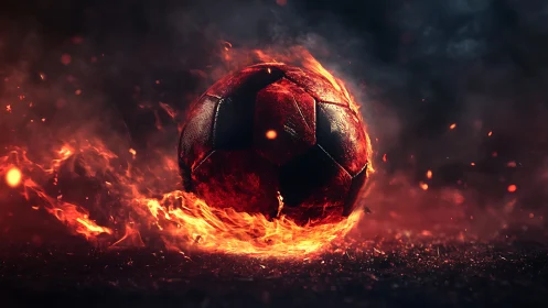 Burning soccer ball ignites dark pitch in searing flames.