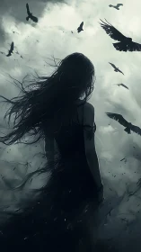 Dark silhouette girl beneath storm sky with circling crows.