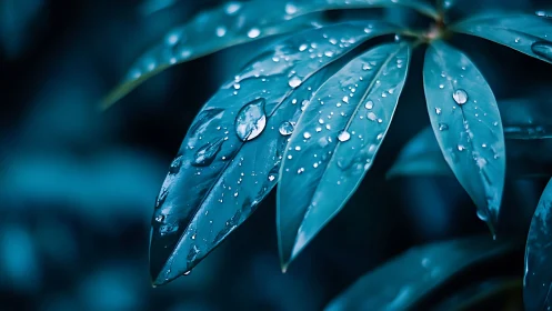 Raindrops linger on blue-tinted leaves in tranquil close-up.