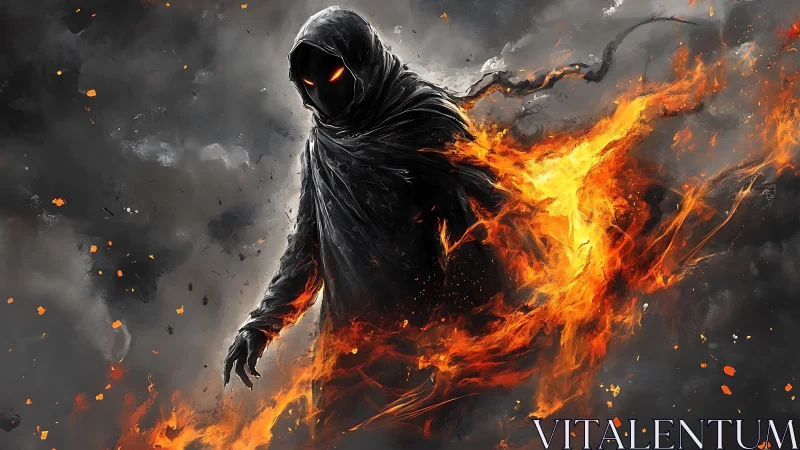 Flaming hooded wraith strides through swirling stormfire.