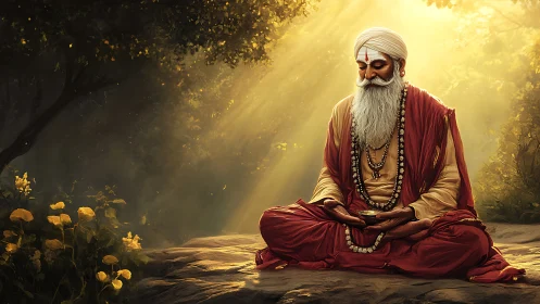 Digital painting of meditative sage in luminous forest clearing.