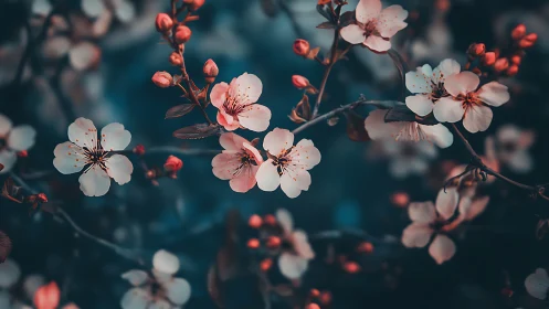Spring Blossoms Against Teal Backdrop with Warm Atmospheric Depth.