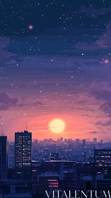 City skyline under purple dusk sky at glowing sunset.