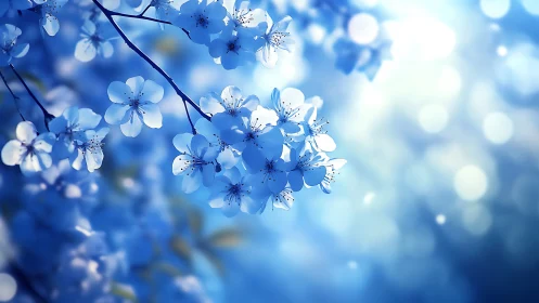 Blue Blossoms on Branches with Bokeh Background.