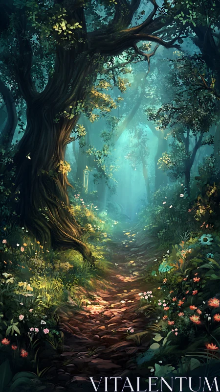 Enchanted Forest Path Through Ancient Trees