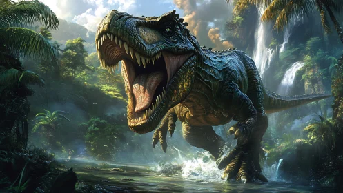 Roaring jungle T. rex splashing through a misty waterfall valley.