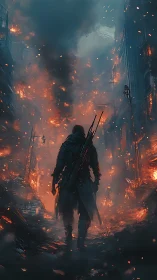 Solitary armed figure in burning urban street at dusk.