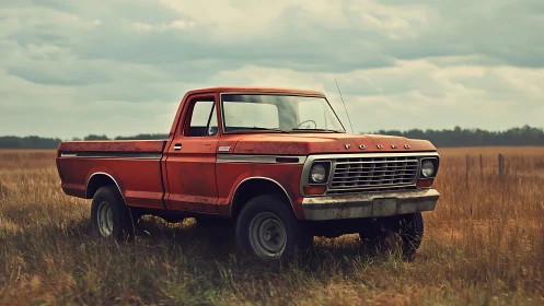 Weathered 1970s red pickup truck in rural autumn grassland
