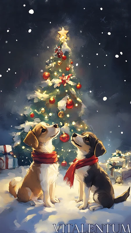 Puppy pals sharing cozy wonder under a glowing Christmas tree.