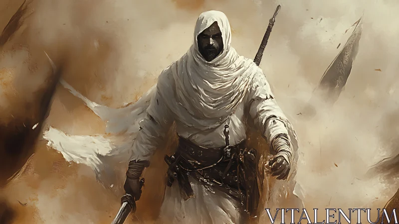 Desert wanderer strides through swirling storm of sand.