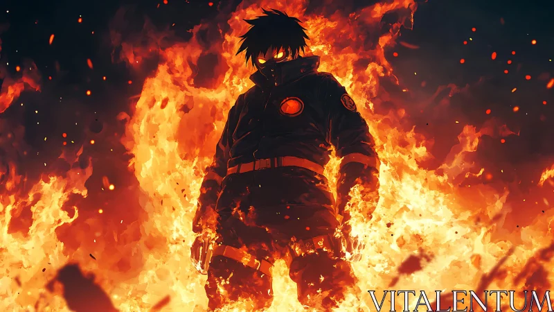 Figure Standing in Massive Flames Against Dark Sky.