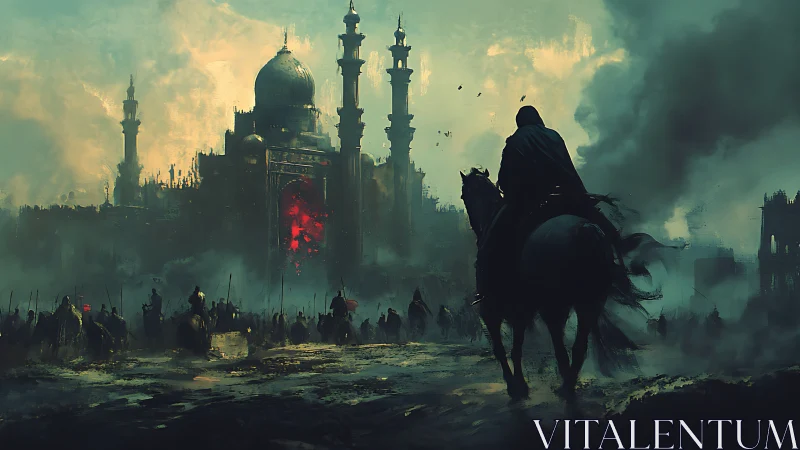 Digital painting of cloaked rider before burning citadel at dusk.