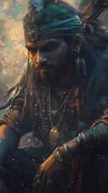 Mystic wanderer resting in glowing embers of twilight.