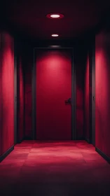 Crimson hallway doorway inviting quiet, mysterious stories.