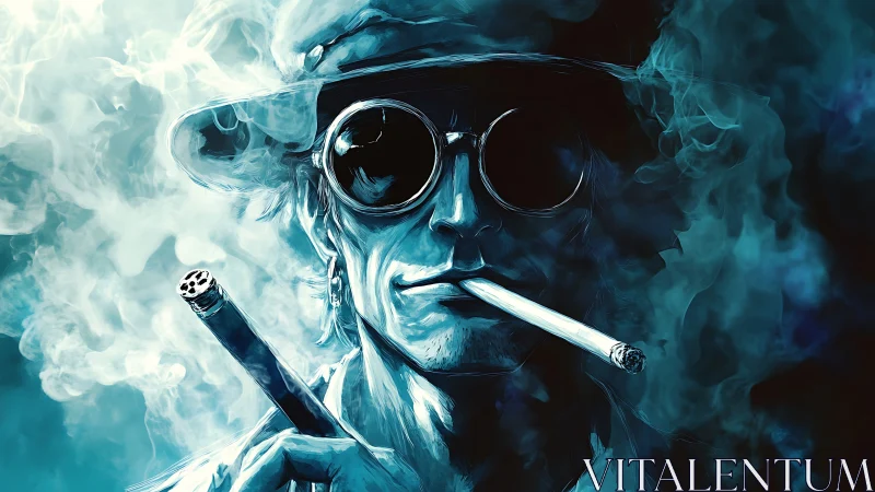 Cool blue drifter in swirling smoke and mirrored shades.