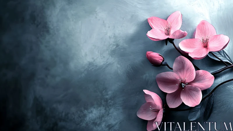 Pink orchid specimens displaying detailed petal morphology against muted blue-gray background with s