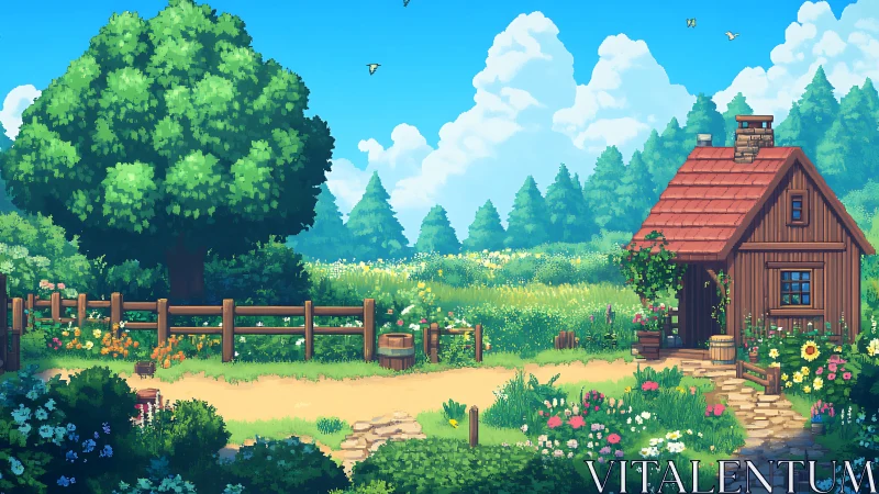 Sunlit pixel cottage dreaming in a wildflower meadowscape.